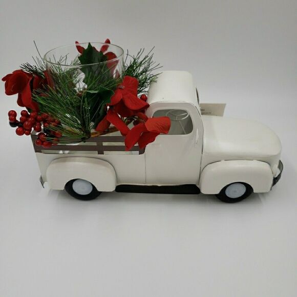White Metal Christmas Truck Farmhouse Rustic Hurricane Candle Holder Table Decor - Picture 7 of 16